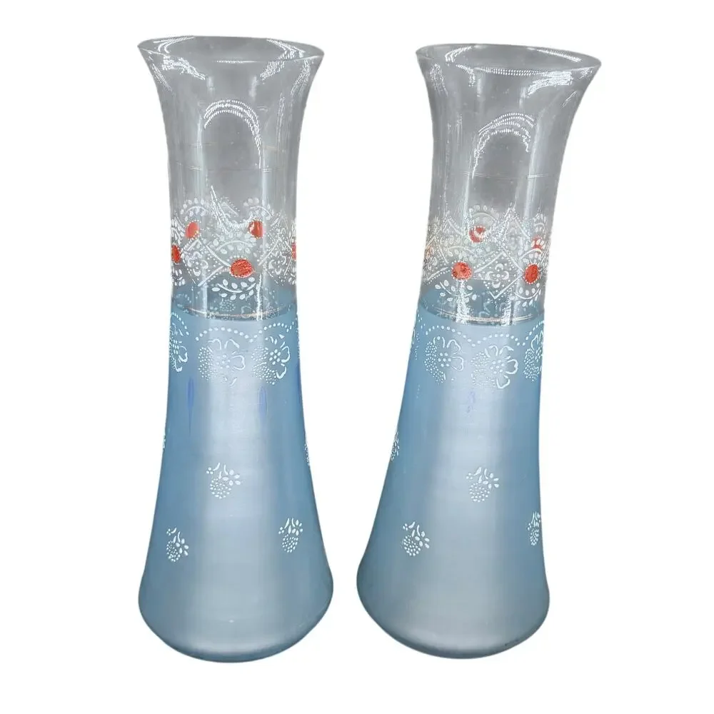 Elegant Vintage Light Blue Frosted Painted Glass Vases Set White Red Floral